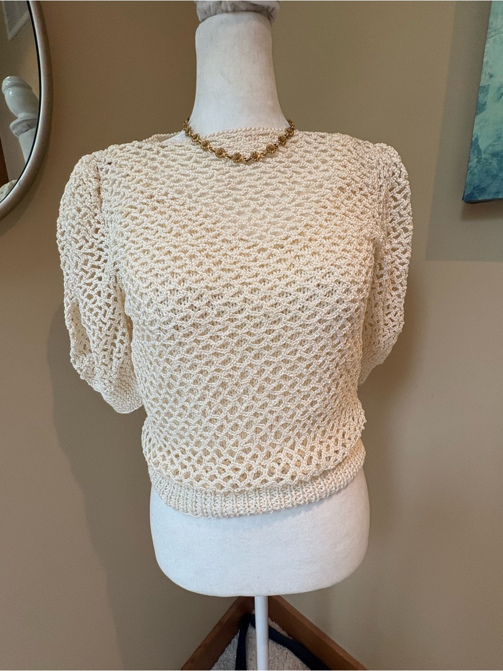 Vintage Wimbledon Cream Crochet Knit Short Sleeve Sweater Built in Knit Cami S